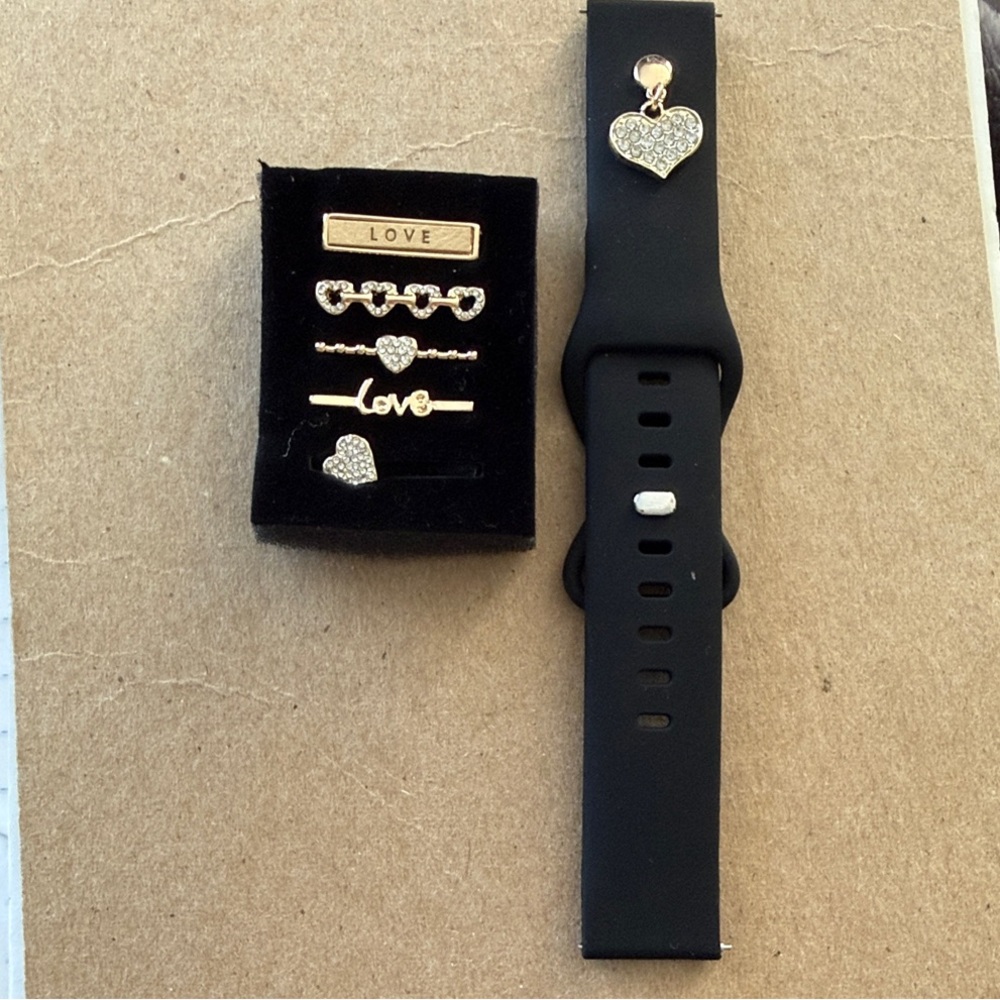 Black Women's silicone Watch band with  Gold tone watch charms